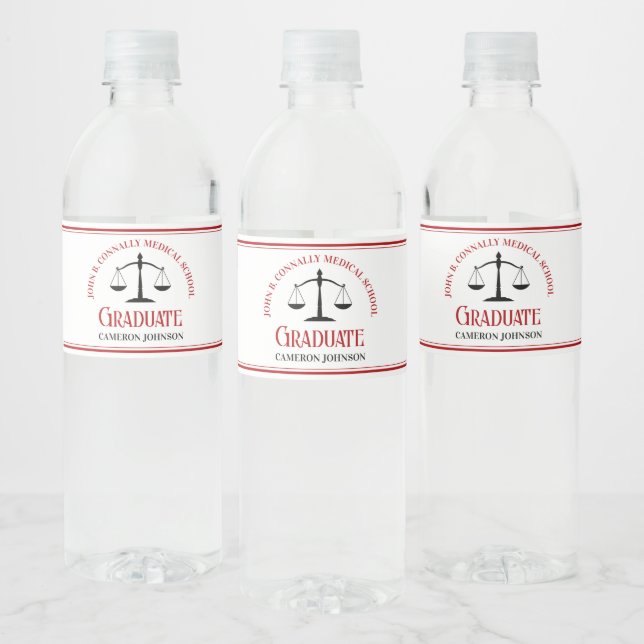 Red Black Law School Custom Graduation Party Water Bottle Label (Bottles)