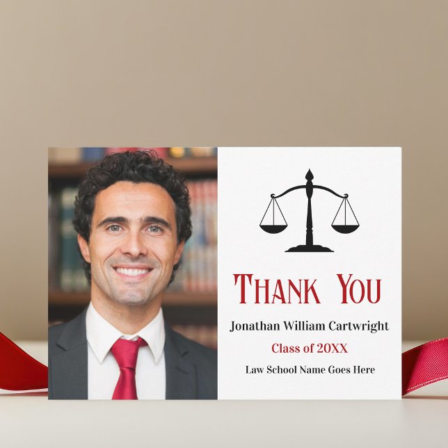 Red Black Lawyer Photo Scales of Justice Thank You Card (Creator Uploaded)
