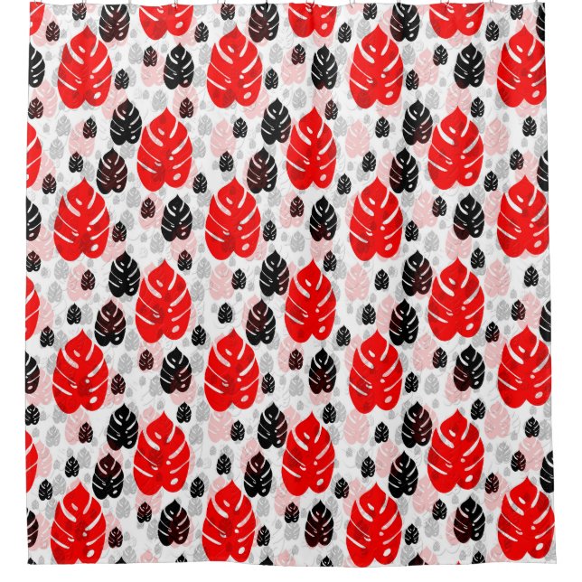 Red Black Leaf Illustration Pattern Design  Shower Curtain (Front)