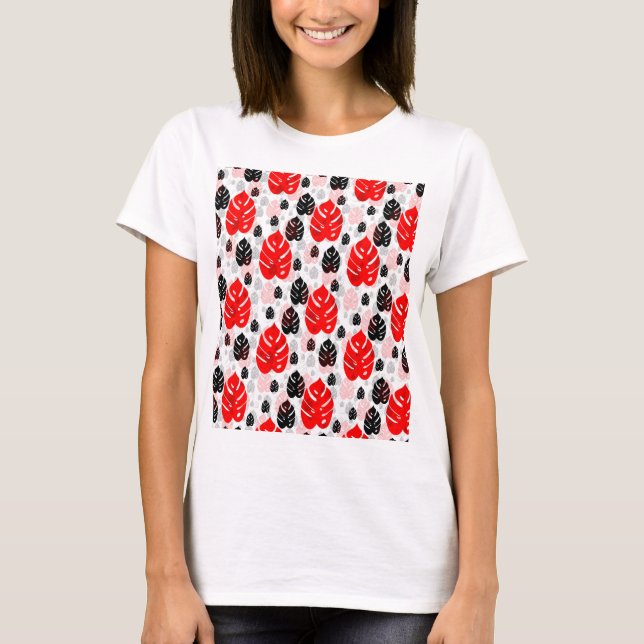 Red Black Leaf Illustration Pattern Design  T-Shirt (Front)