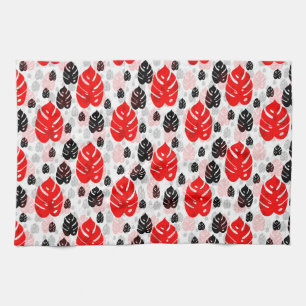 Red Black Leaf Illustration Pattern Design  Tea Towel