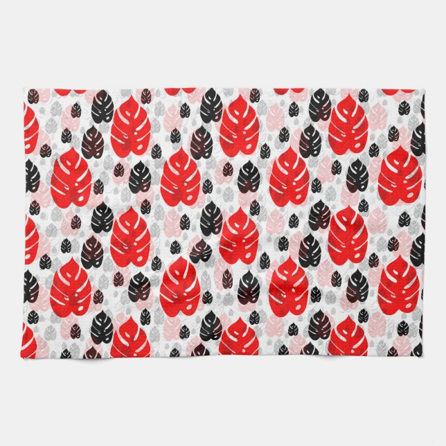 Red Black Leaf Illustration Pattern Design  Tea Towel (Horizontal)