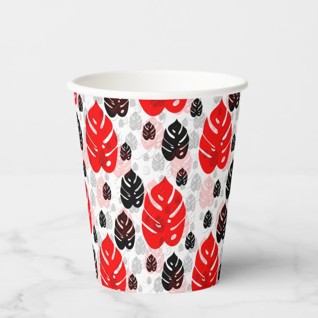 Red Black Leaf Pattern  Paper Cups (Front)