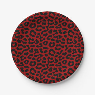 Red Black Leopard Spots Print Pattern Paper Plate