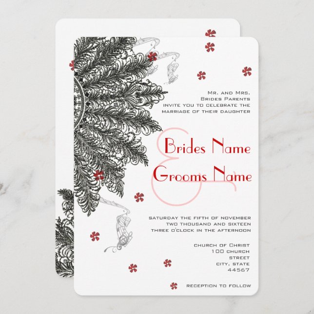 Red Black (less flowers) Fan Wedding Invitations (Front/Back)