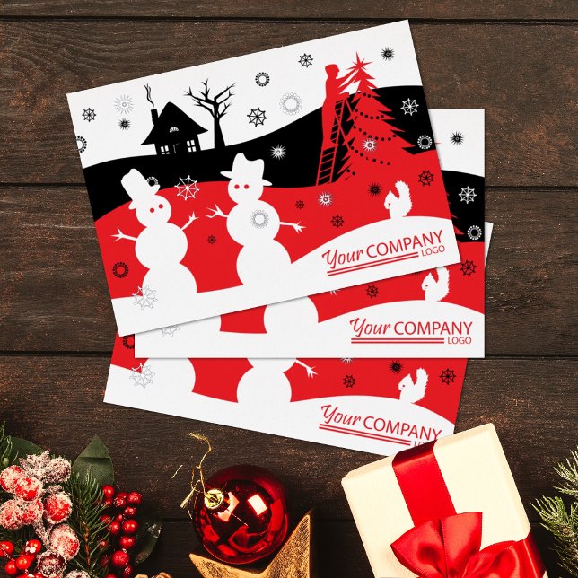 Red Black Logo Business Company Christmas Holiday (red black company holiday greeting cards, logo'd red logo client business Christmas cards snowmen)