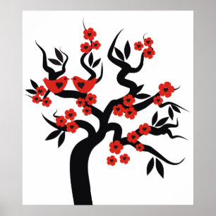 Red black Love birds sakura cherry tree & Blossoms Poster