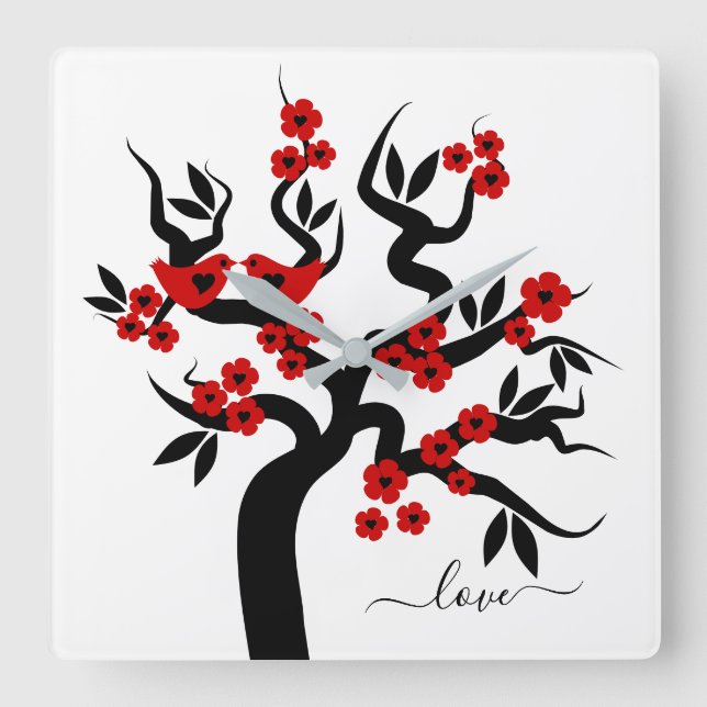 Red black Love birds sakura cherry tree & blossoms Square Wall Clock (Front)