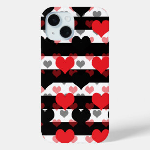 Red Black Love Hearts With Black White Stripes iPhone 15 Case