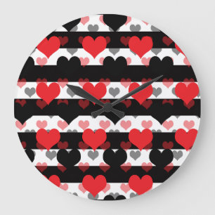 Red Black Love Hearts With Black White Stripes  Large Clock