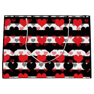 Red Black Love Hearts With Black White Stripes  Large Gift Bag