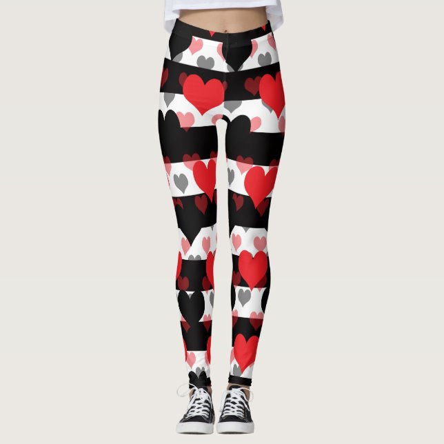 Red Black Love Hearts With Black White Stripes  Leggings (Front)