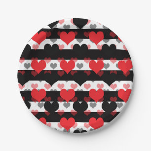 Red Black Love Hearts With Black White Stripes  Paper Plate