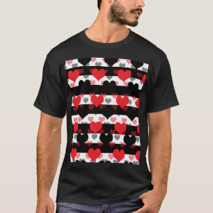 Red Black Love Hearts With Black White Stripes T-Shirt
