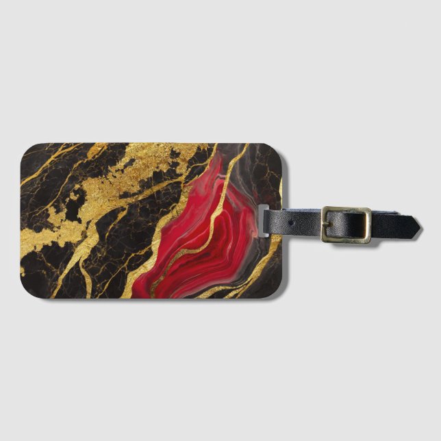 Red Black Marble Pattern with Gold Luggage Tag (Front Horizontal)