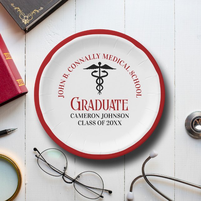Red Black Medical School Custom Graduation Party Paper Plate (Creator Uploaded)