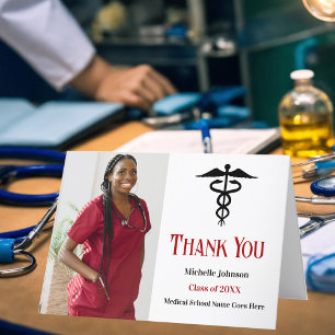 Red Black Medical School Graduation Photo Thank You Card