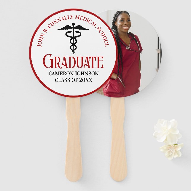 Red Black Medical School Photo Graduation Party Hand Fan (Front and Back)