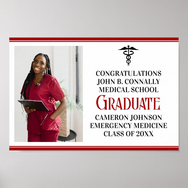 Red Black Medical School Photo Graduation Party Poster (Front)