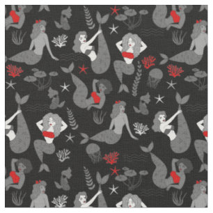 red black mermaids pattern print fabric