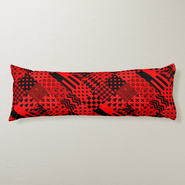 Red Black Mixed Patterns Patchwork Design  Body Cushion (Front)