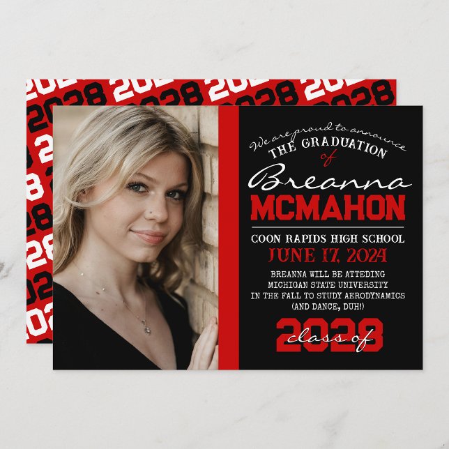 Red & Black Modern Graduation Photo Announcement ( Repeating Class Year 1 & 2 Photo Graduation Invitations & Announcements)