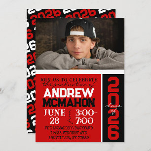 Red & Black Modern Graduation Photo Invitation