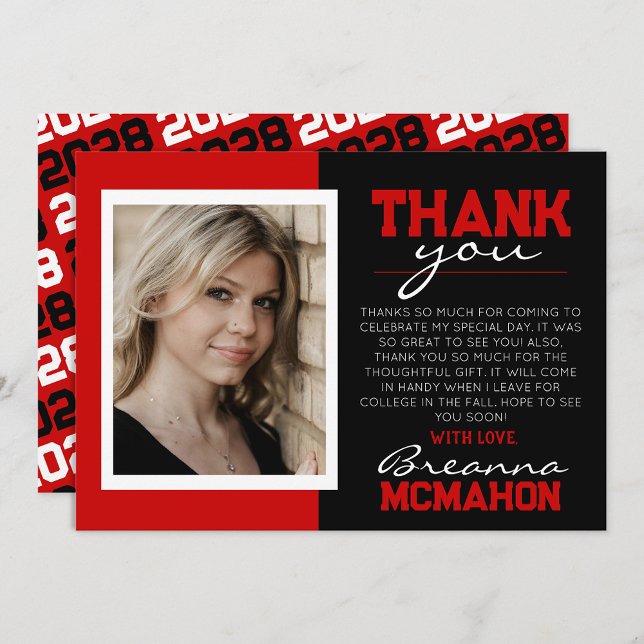 Red & Black Modern Graduation Photo Thank You Card (Creator Uploaded)