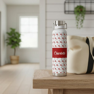 Red Black Modern Hearts Retro Monogram Name Water Bottle