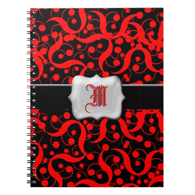Red black monogram customisable girls spiral notebook (Front)