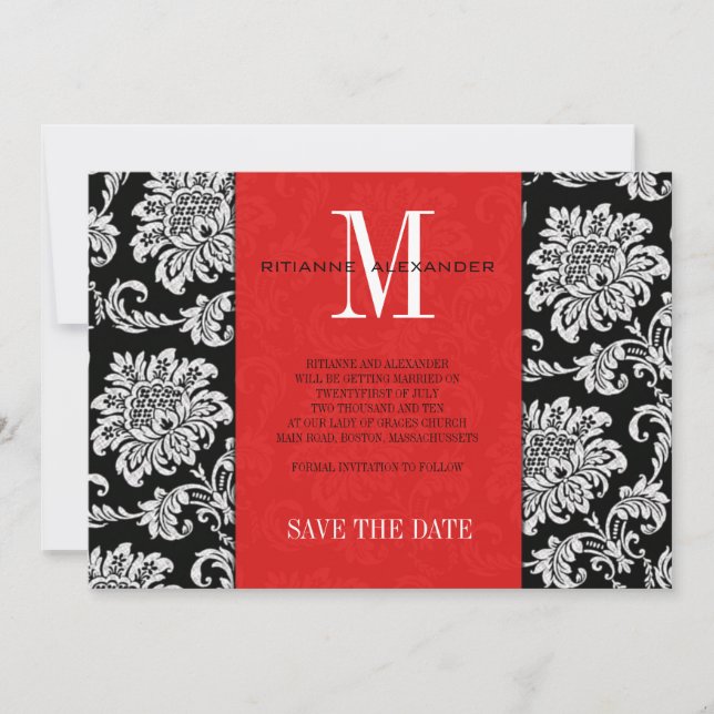 Red Black Monogram Damask Wedding Save The Date (Front)