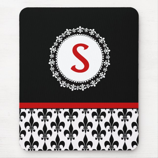 Red Black Monogram Fleur de Lis Mouse Pad (Front)
