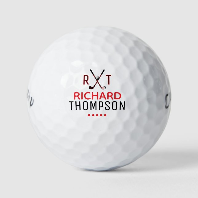 Red & Black Monogram Golf Ball With His Name (Front)