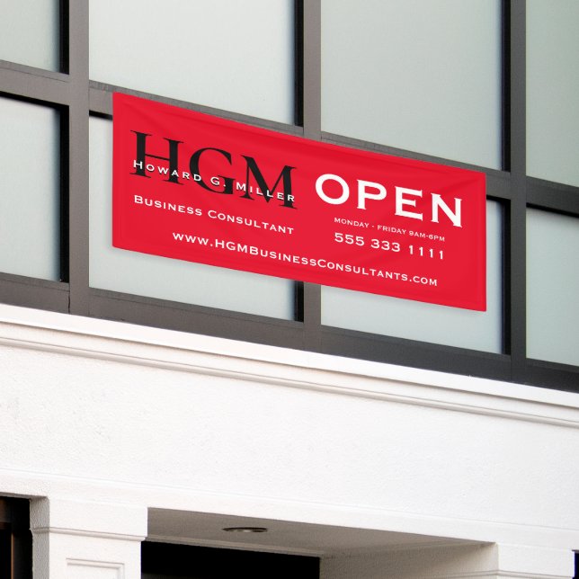 Red Black Monogram Open Business Banner (Outside Building)