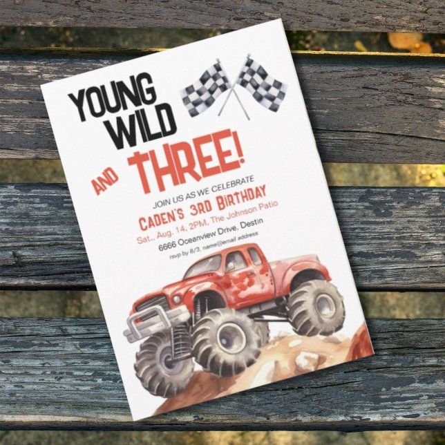 Red Black Monster Truck 3rd Birthday Invitation (Creator Uploaded)