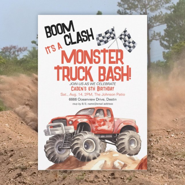 Red Black Monster Truck Bash Birthday Invitation (Creator Uploaded)