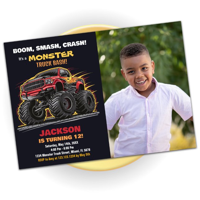 Red Black Monster Truck Birthday Invitations Photo (Red Black Monster Truck Birthday Invitations Photo)