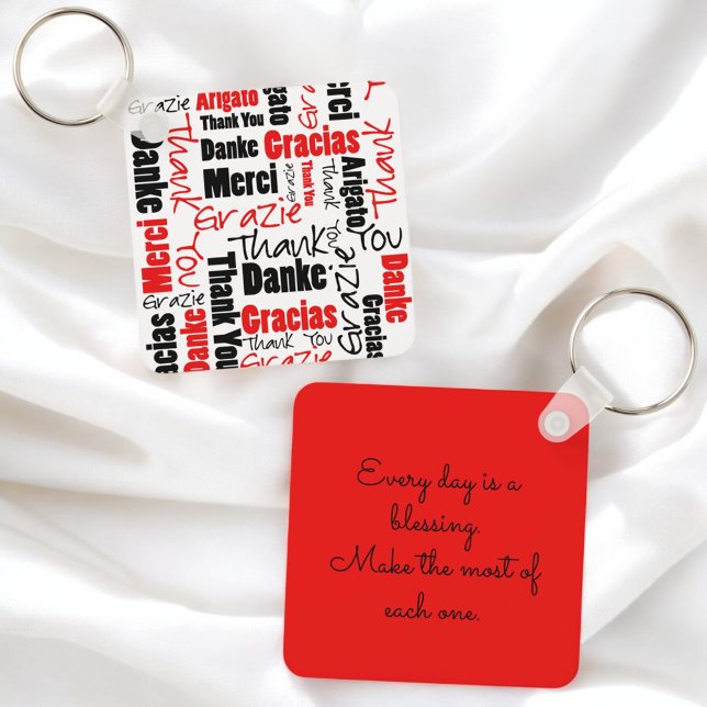 Red Black Multilingual "Thank You" Typography Key Ring (key ring front and back with template text back)