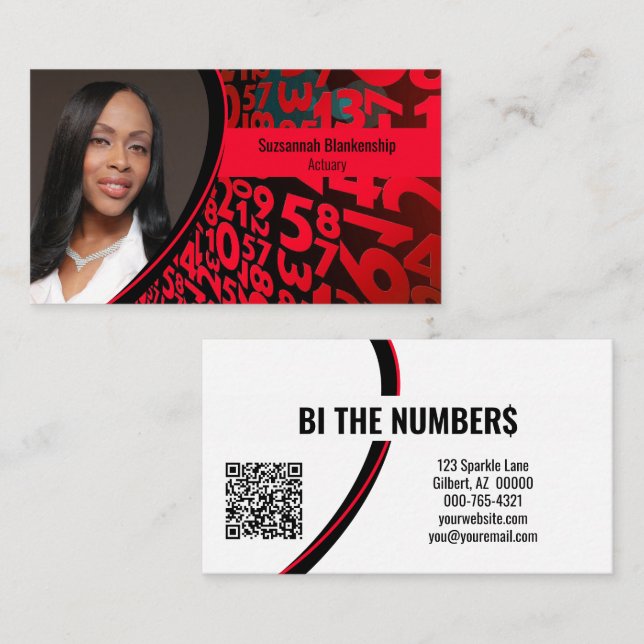 Red Black Numbers Custom Photo QR Code Business Card (Front/Back)