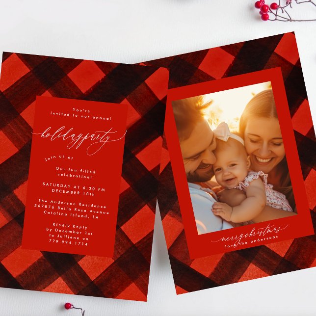 Red Black Paint Plaid Christmas Holiday Party Invitation (Creator Uploaded)