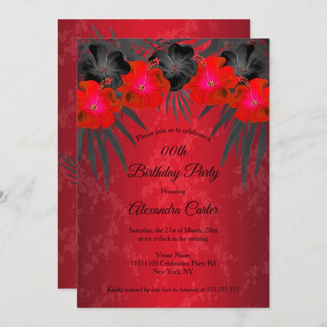 Red Black Palms Hibiscus Damask Birthday Party Invitation (Front/Back)