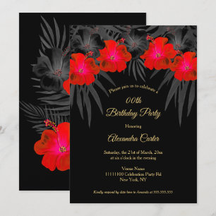 Red Black Palms Hibiscus Floral Tropical Birthday Invitation