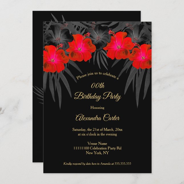 Red Black Palms Hibiscus Floral Tropical Birthday Invitation (Front/Back)