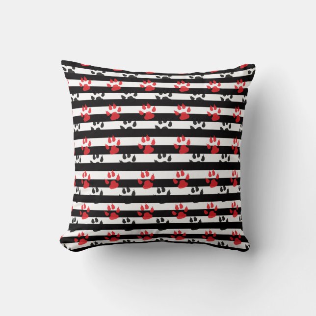 Red Black Paw Claw On Black White Stripes Cushion (Front)