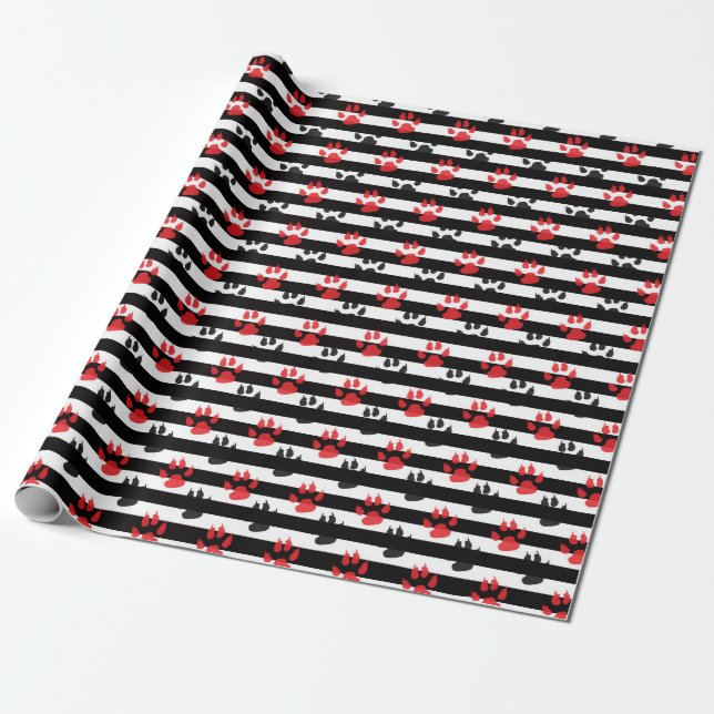 Red Black Paw Claw On Black White Stripes Wrapping Paper (Unrolled)