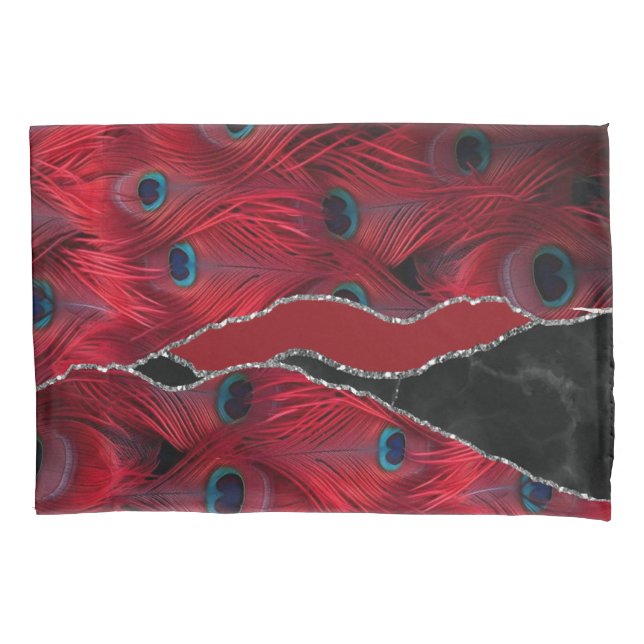 Red Black Peafowl Marble Agate Glam  Pillowcase (Front)