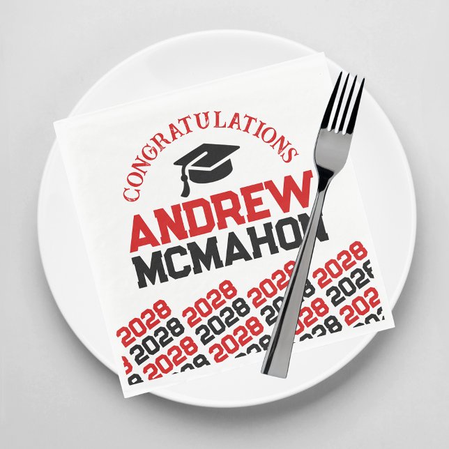 Red & Black Personalised Graduation Party Paper Napkin (Creator Uploaded)