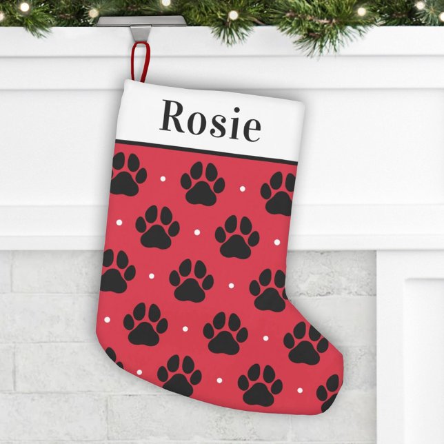 Red Black Pet Name Paw Print Monogram Small Christmas Stocking (Creator Uploaded)
