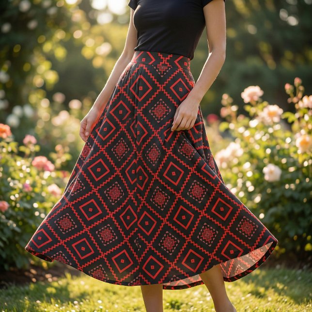 Red Black Pink Ethnic Tribal Geometric Pattern Fabric (Creator Uploaded)