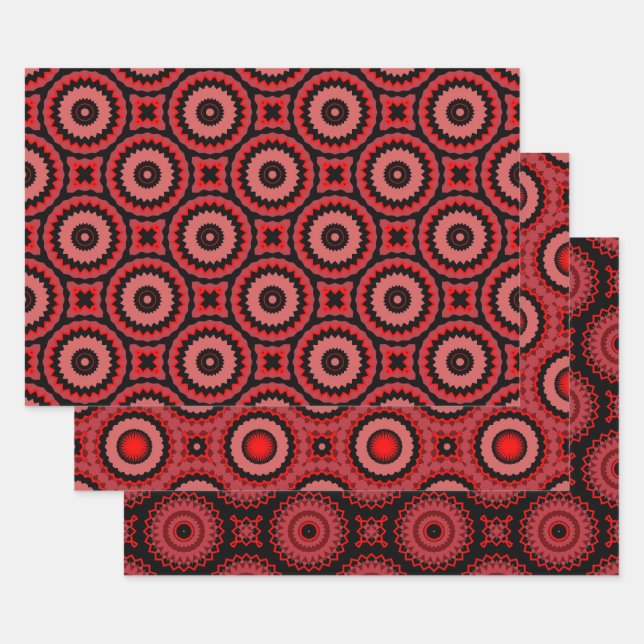 Red Black Pink Ethnic Tribal Geometric Patterns Wrapping Paper Sheet (Set)